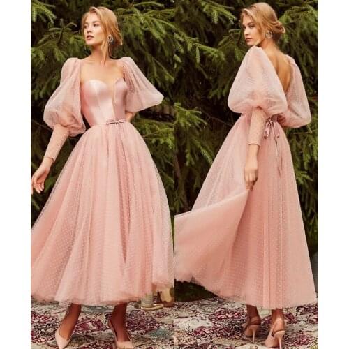Elergant V-Neck Short Pink Muslim Evening Dresses A-Line Zipper Back Tulle Abendkleider Robes de Soirée for Women
