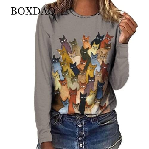 Cotton Womens T shirt Animal Funny Cat Printed Top Tee Long Sleeve Fashion O Neck Women Shirts Harajuku Pullover Woman Tshirts