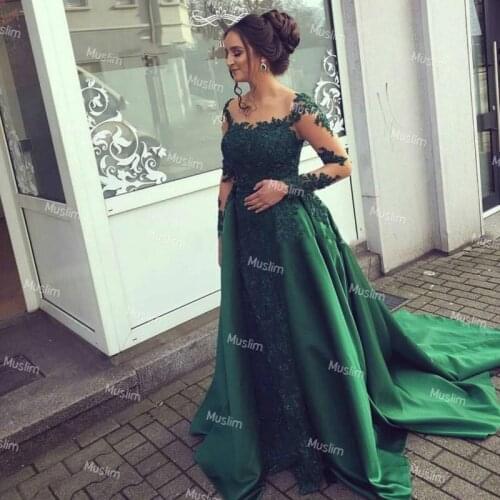 Fancy Green Dubai Arabic Evening Dresses With Overskirt Illusion Long Sleeve Lace Prom Dress 2021 Muslim Turkey Evening Gowns