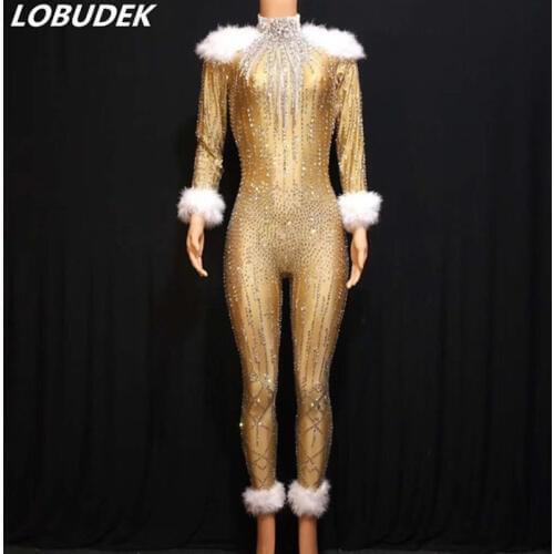 Champagne Gold Rhinestones Feathers Jumpsuit Female Crystals Leotard Rompers Singer Host Party Luxurious Costume Stage Wears