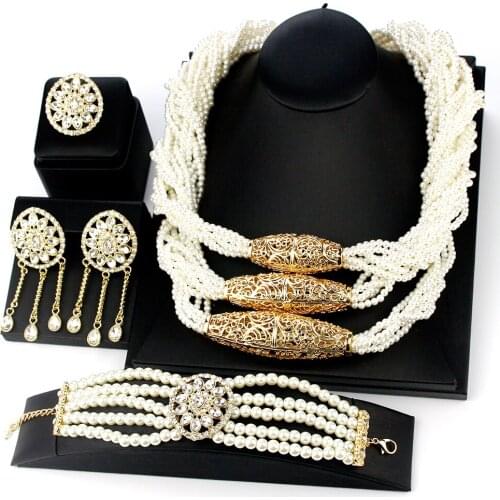 Sunspicems Fashion Pearl Wedding Jewelry Set For Women Crystal Earring Necklace Bracelet Ring Gold Color Morocco Bridal Bijoux