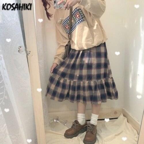 KOSAHIKI Vintage Plaid High Waisted Mid-Length Summer A- Line Pleated Skirt Woman Skirts Mujer Faldas Saias Mulher Kawaii