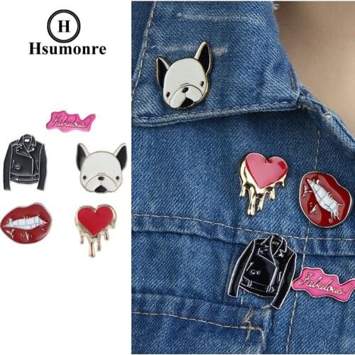 Dog Cartoon Cute Brooches Mouth Red Heart Black Lapel Pins Colorful Enamel Chain Jeans Denim Shirt Pin Badge Jewelry 5pcs/set