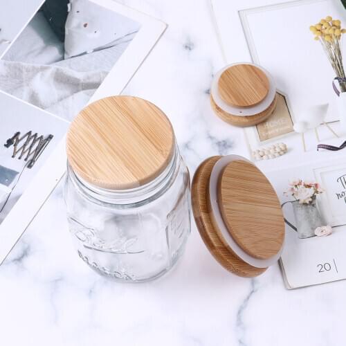 Reusable Non Spill Bamboo Drinking Cup Cap Eco-Friendly Mason Canning Jar Lid Leak Proof Wooden Storage Cover with Silicone Seal