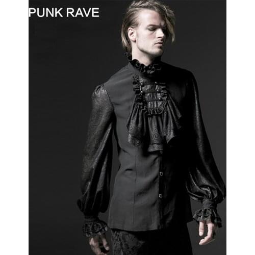 PUNK RAVE Gothic Black White Soft Lace High Stand Collar Stage Chiffon Men Shirt Male Long Sleeve Embossing Blouse Turtle Button