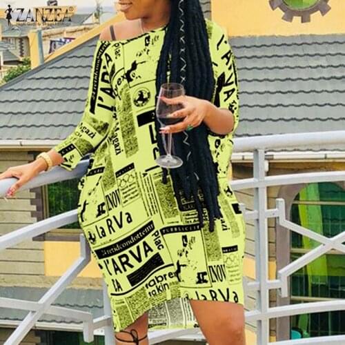 2021 Autumn Holiday Oversize Dresses Womens Off Shoulder Loose Dress ZANZEA Fashion Printed Knee Vestidos Casual Lady Sundress