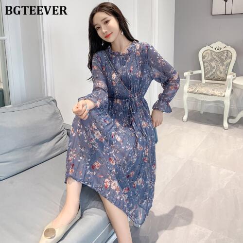 BGTEEVER Autumn O-neck Floral Chiffon Women Dress Flare Sleeve A-line Dress Femme Floral Printed Female Mid-length Vestidos 2019