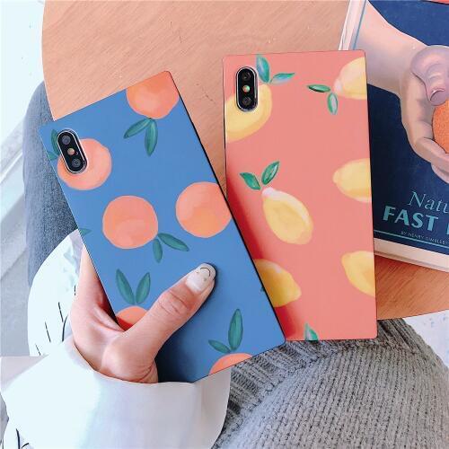 Square Phone Cases For iPhone 11 pro max 2019 Xs max XR X 8 7 6S Plus Cartoon Fruit doodle lemon orange pattern Soft Back Cover