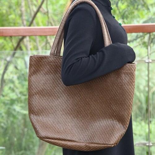 Hand Knitted Straw Handbag Household Tea Set Storage Bags Womens Travel Tote Bags Retro Cosmetic Bag Chinese Shoulder Bag