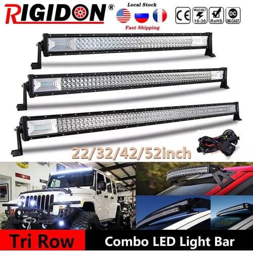 RIGIDON 22/32/42/52inch 7D Tri-Row Straight Led Light Bar Flood Spot Combo Beam for Offroad Boat Truck 4WD SUV ATV With Wiring