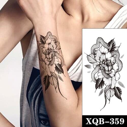 Temporary Tattoo Stickers Black Snake Flowers Branches Leaves Totem Fake Tattoos Waterproof Tatoos Arm Large Size for Women Girl