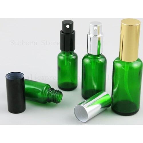 20pcs /lot Green Glass Bottle With Press Pump Perfume Essence Lotion Serum Cream Cosmetic Refillable BottlesContainers Vials