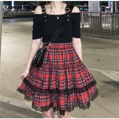 Y2k Lady Plaid A-line Calf-length Red Skirt Summer Women High Waist Lace Gothic Skirts Harajuku Sweet Korean Fashion Clothes