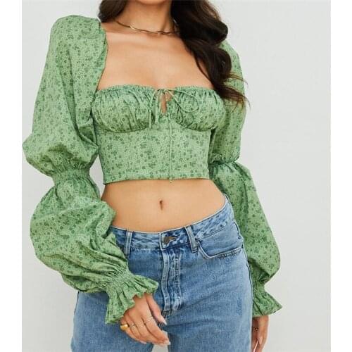 Puff Sleeve Floral Blouse Vintage Women Tie-up Square Collar Ruched Chest Wrap Crop Tops Fashion Chic Backless Pullovers