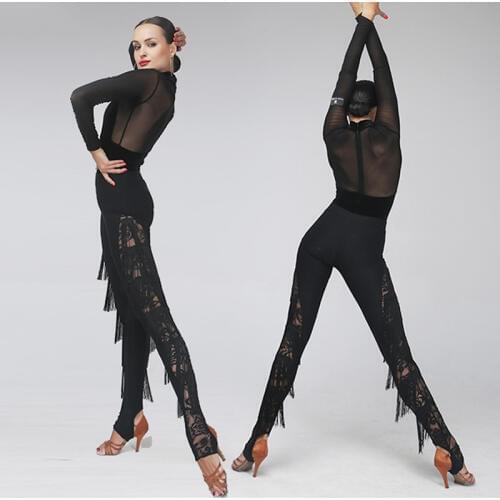 Sexy Latin Dance Pants For Lady Black Lace Tassels Pant Ballroom Cha Cha Women Training Fitness Trousers Dance Costumes VDB377
