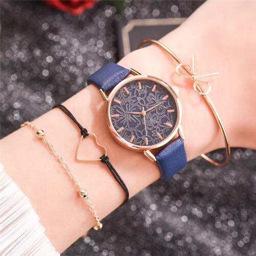 Elegant Women Blue Dress Watches Luxury Fashion Ladies Bracelet Watch Casual Flower Dial Design Female Quartz Thin Leather Clock