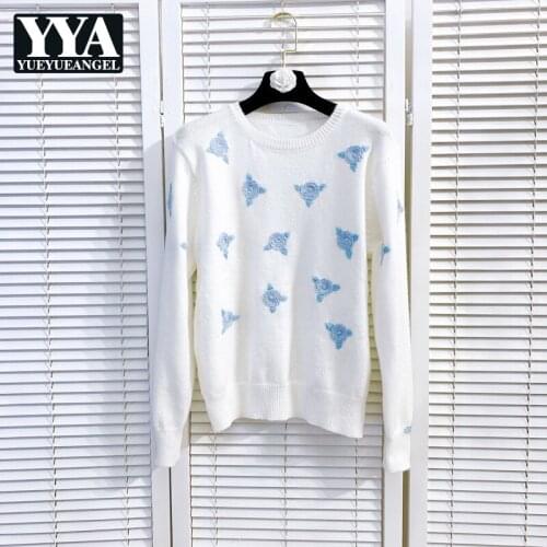 Women Embroidery Flower Knitting Tops Round Neck Loose Fit Long Sleeve Sweaters Autumn Fashion Ladies White Pullover Sweater