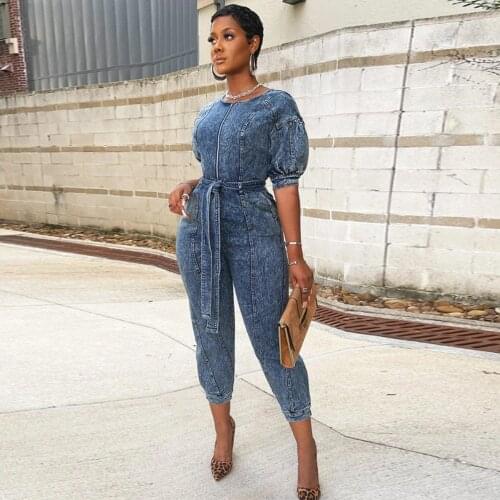 Blue Printed Streetwear Rompers Womens Jumpsuit Round Neck Short Puff Sleeve Slim Overalls Early Autumn High Waist Bodysuits