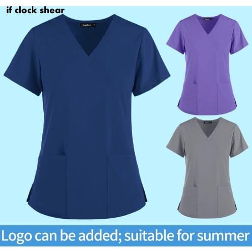 Can Add Logo Doctor Uniforms Women Short Sleeve V-neck Tops Working Uniform Pocket Blouse Overalls Dental Clinic Nurse Uniforms