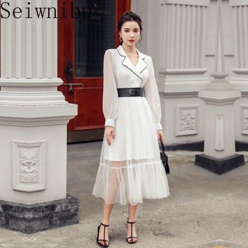 2020 Fall Temperament Office Lady Long Sleeve Notched Neck Suit Dresses Women Elegant Mesh Patchwork Midi Dress Vestido De Festa