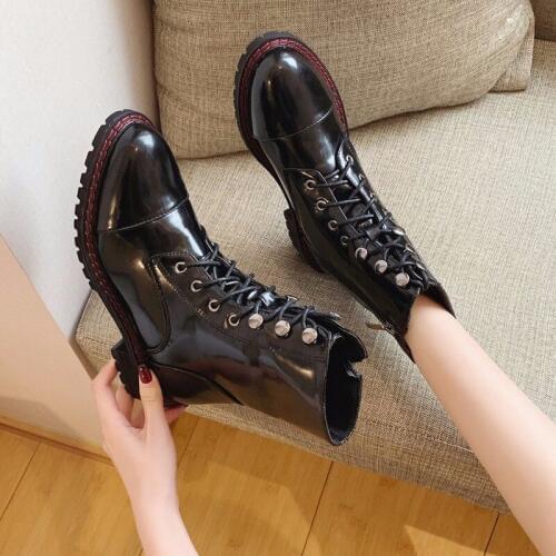 Winter New Fashion Bright Leather Short Boots Womens Retro Martin Boots Round Head Thick Heel Plus Cotton Womens Boots W22-59