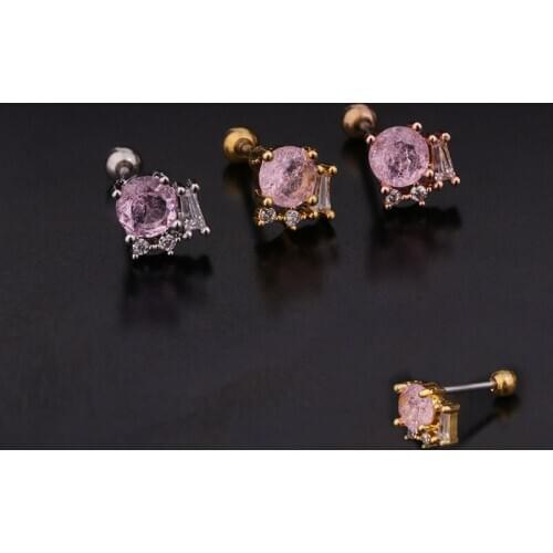 1 PCS Small Copper Pink Zircon Geometric Sun Shape Stud Earring Trendy Steel Round Ball Ear Cartilage Piercing Cuff Jewelry