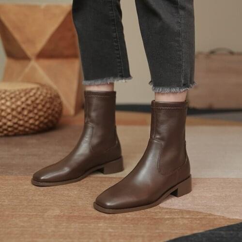 2021 Winter Genuine Leather Boots Slip-On Ankle Boots Stretch Fabric Women Boots Square Toe Women Shoes Zapatos De Mujer