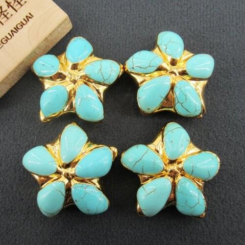 APDGG Wholesale 5 PCS Blue Turquoise Flower Shape Pendant Beads Metal Bezel Connector