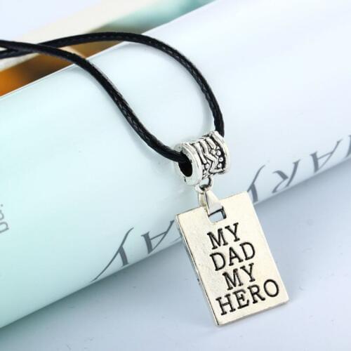 Bespmosp 24PCS/Lot Wholesale Fathers Day Gift"My Dad My Hero"Rectangle Pendant Necklace Charms Jewelry Family Choker Leather