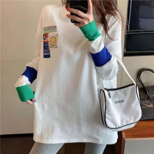 New womens Plush o-neck knitted splicing medium length T-shirt Korean loose oversized white top winter base T-shirt 2021 LN15