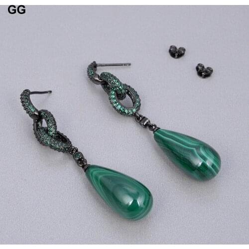 GuaiGuai Jewelry Natural Green Malachites Teardrop Dangle Green Cubic Zirconia Pave Stud Earrings Cute For Women Girl Gift