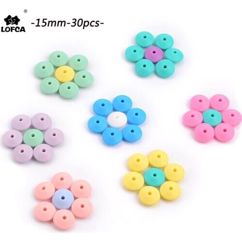LOFCA 15mm Silicone Lentil Round Beads 30Pcs/lot Teething Baby Teether Chew BPA Free DIY Pacifier Chain Food Grade Silicone