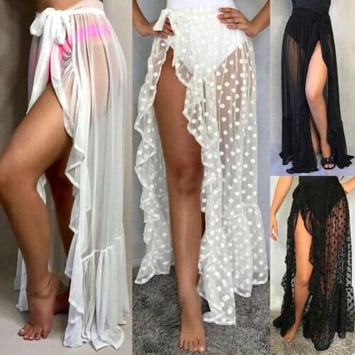 New Ruffles Dot High Waist Split Bikini Cover Up Sexy Women Mesh Sheer Beach ​Dress Cover Ups Vacation Sunscreen Wrap Skirt
