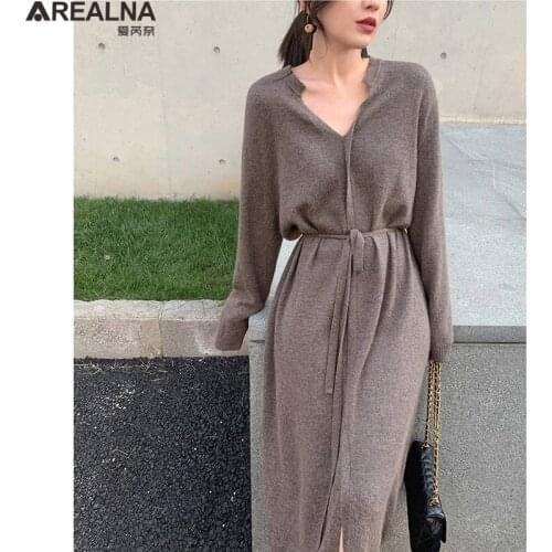 NEW 2020 Autumn Winter Women Dresses V-Neck Bandage Solid Straight Knitted Warm sweater dress Korean Elegant Ladies Long Dresses