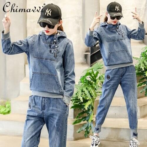 Casual Sports Denim Two Pieces Pants Suit Womens Elegant Fall Long Sleeve Jean Jacket Female High Waist Wide Leg Loose Jeans