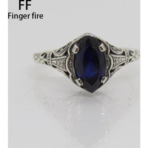 Simple 925 Silver Dark Blue Diamond Ring Anniversary Gift Ring Size 5-11