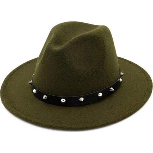 Unisex Vintage Blower Jazz Hat Trilby Derby Flat Brim Wool Felt Fedora Hats with Rivet Belt Men Women Formal Party Panama Hat