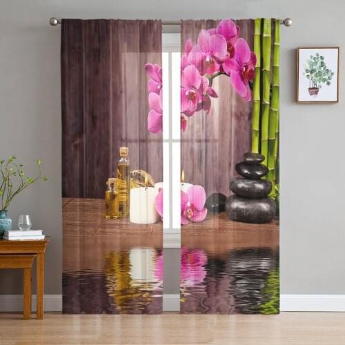 Spa Stone Flower Bamboo Print Sheer Window Panel Curtains Room for Living Room Bedroom Kitchen Room Chiffon Tulle Curtains