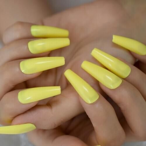 Extra Long Shiny Tapered Fake Nail Art Yellow Designer Press On Nail False Hight Qualicial Salon DIY Glossy Artificial