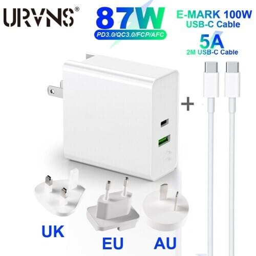 URVNS Dual Port 87W USB C PD Adapter For MacBook USB-C Laptops,USB Wall Charger For Samsung iPhone iPad US UK EU AU Plug Adapter