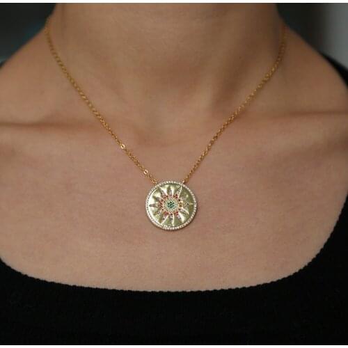 Vintage fashion simple coin necklace rainbow sunflower round jewelry colorful rhinestones gold chain femme trendy necklace gift