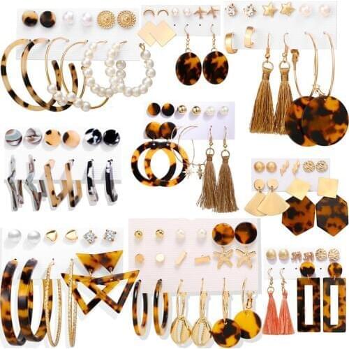 Vintage Tassel Acrylic Girl Women Earrings Ear Studs Bohemian Earrings Set Big Dangle Pearl Earring Jewelry Gift