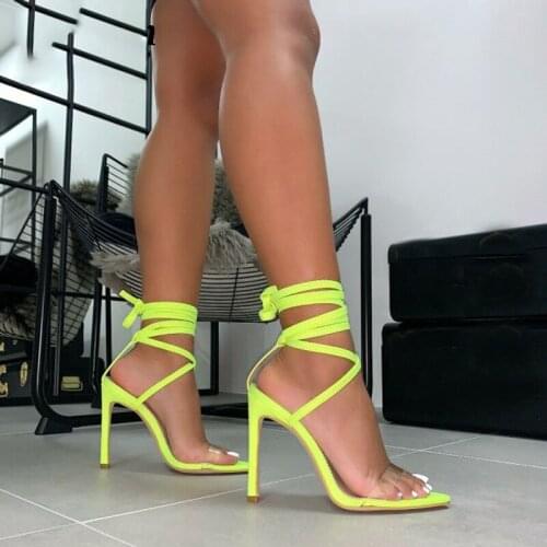 2021 New Fashion Fluorescent Sandals Ankle Strap Cross-Strap Woman PVC Sandals 12.5CM High Heels Party Sandals size 43