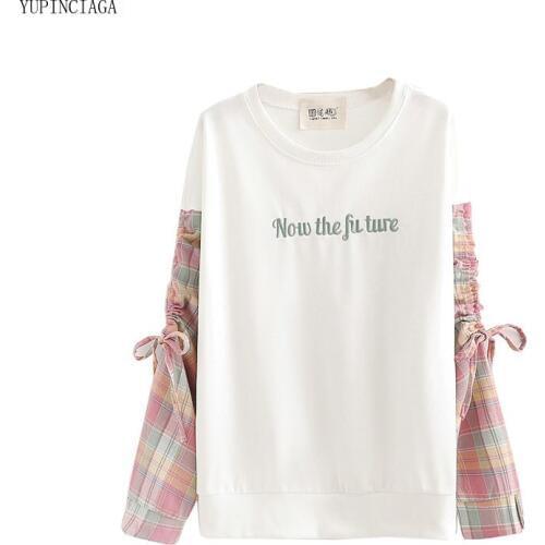 Women Letter Embroidery Plaid Patchwork Sweet Hoodies 2020 Spring Sweatshirt Loose Long Sleeve O-neck Femme Fashion Pullovers