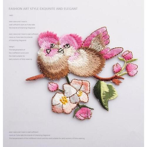 1Pcs Pink two-Birds in the tree Iron On Patch Embroidered Applique Sewing Patch Clothes Stickers Garment DIY Apparel Accessories