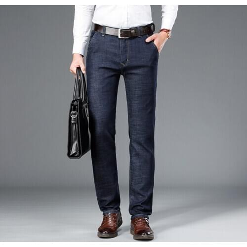 2021 Middle-aged Mens Cotton Jeans Loose Straight Leg Fall Mens Elastic Pants Mens Plus-up Large Size Business Casual Trouser
