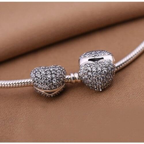Original 925 Sterling Silver Sparkling Heart Clip Charm Fit Original Pan Beads Bracelet & Necklace Women Fine Jewelry