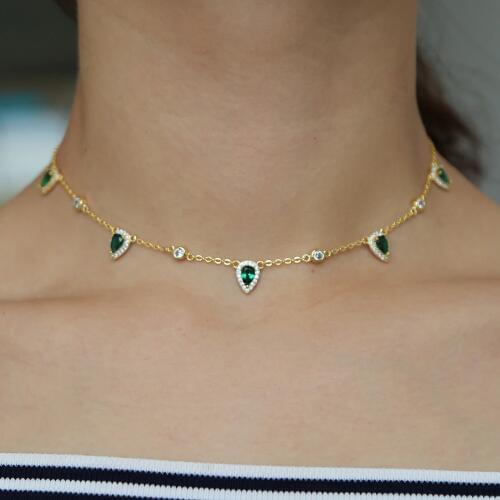 2018 new fashion jewelry green crystal CZ Choker necklace water drop round charm link chain trendy fashion necklaces