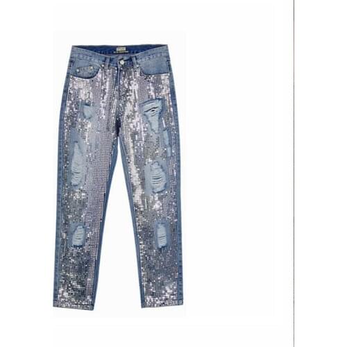 Fashion sequined Mom jeans woman boyfriend distressed ripped jeans for women women denim pants autumn plus size trousers