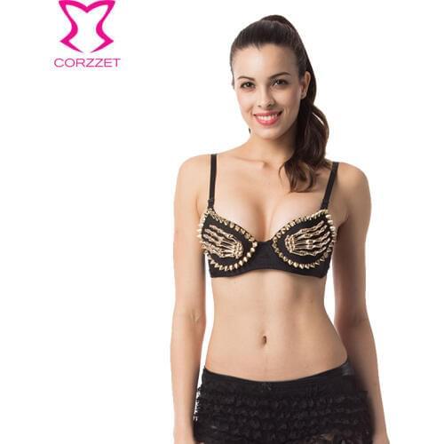 Hot Sale Steampunk Dance Club Wear Women Gold Skeleton Hand Spikes Rivet Black Push Up Sexy Studded Bra Bralette With Straps